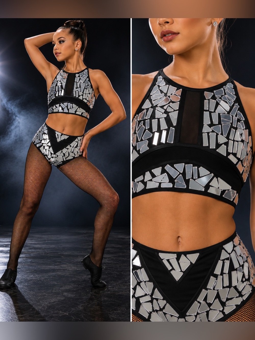 Glamour silver Mosaic Rhinestone 2 Piece Dance Costume Solo Jazz Contemporary LA
